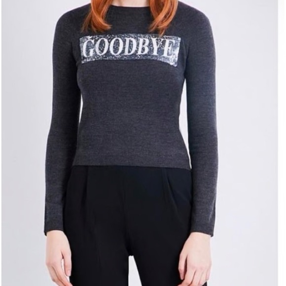 Alice + Olivia "Hello/Goodbye" Sweater XS | Wool Crewneck Preppy Graphic Knit - Picture 1 of 8